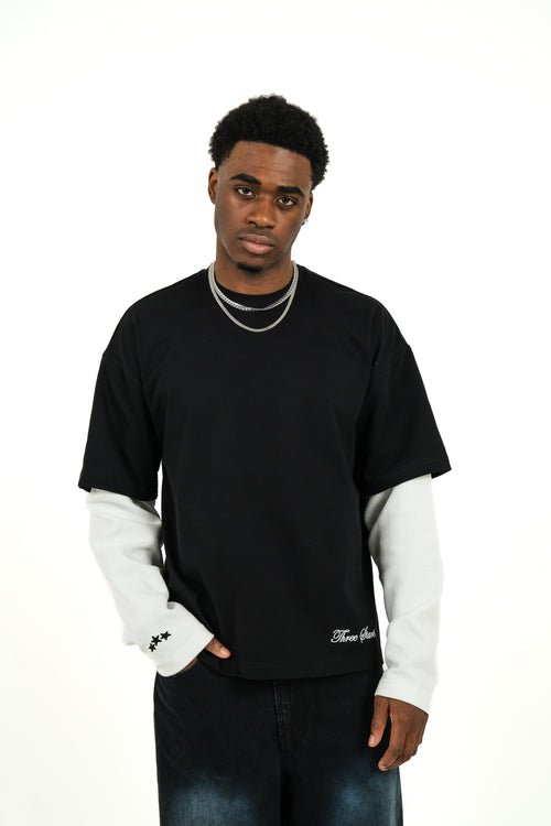 Three Stars Black Longsleeve    Dark blue stars